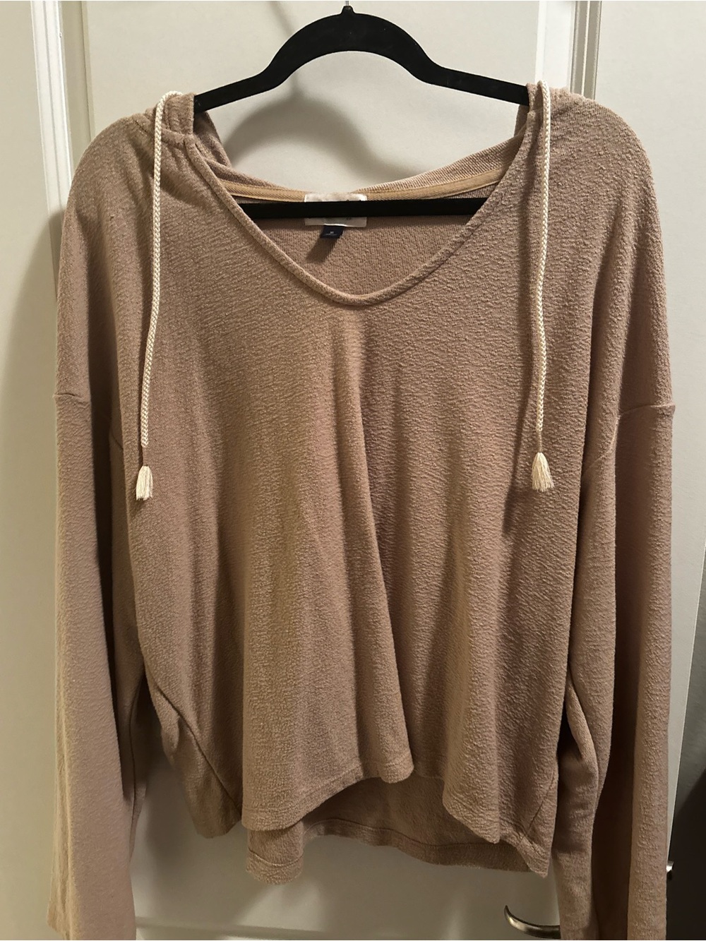 Relaxed Knit Hooded Long-Sleeve Top in Light Brown